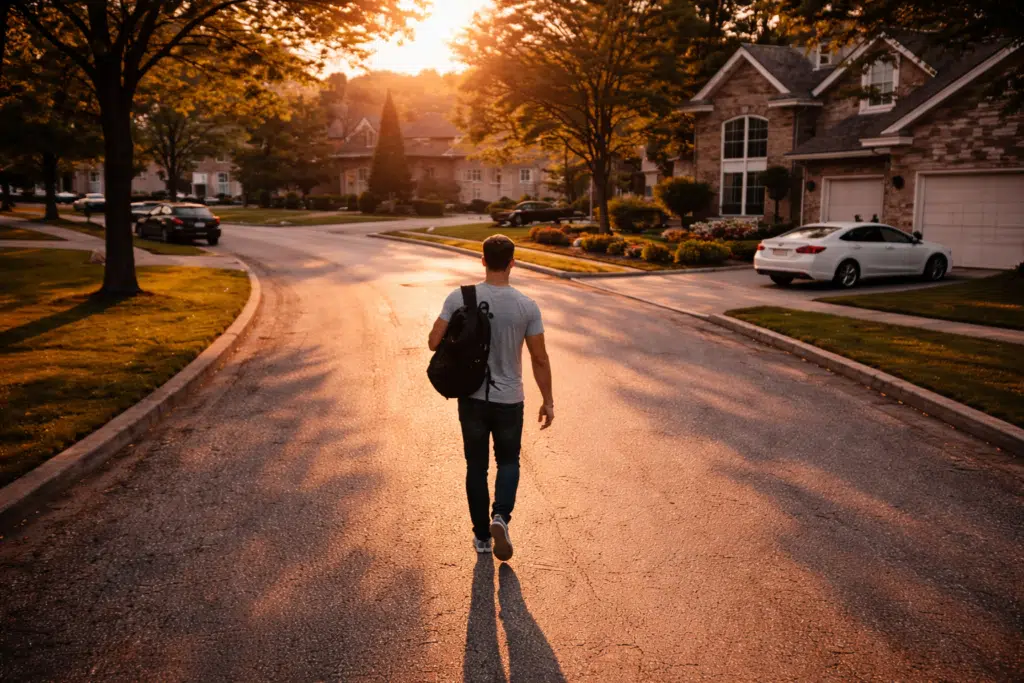 Sales rep walking down a suburban street at golden hour.